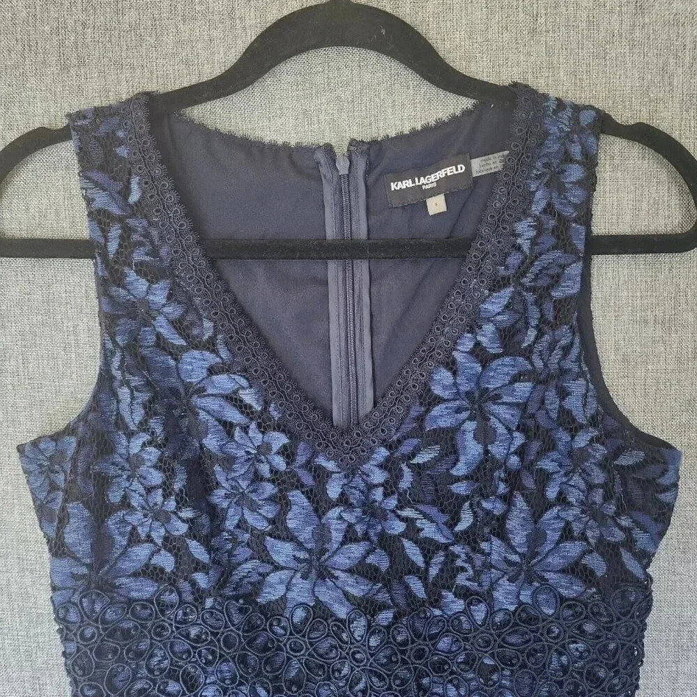 Karl Lagerfeld Cocktail Shift Dress Size 4 Blue & Black Lace Back Zip V-Neck - Picture 6 of 9
